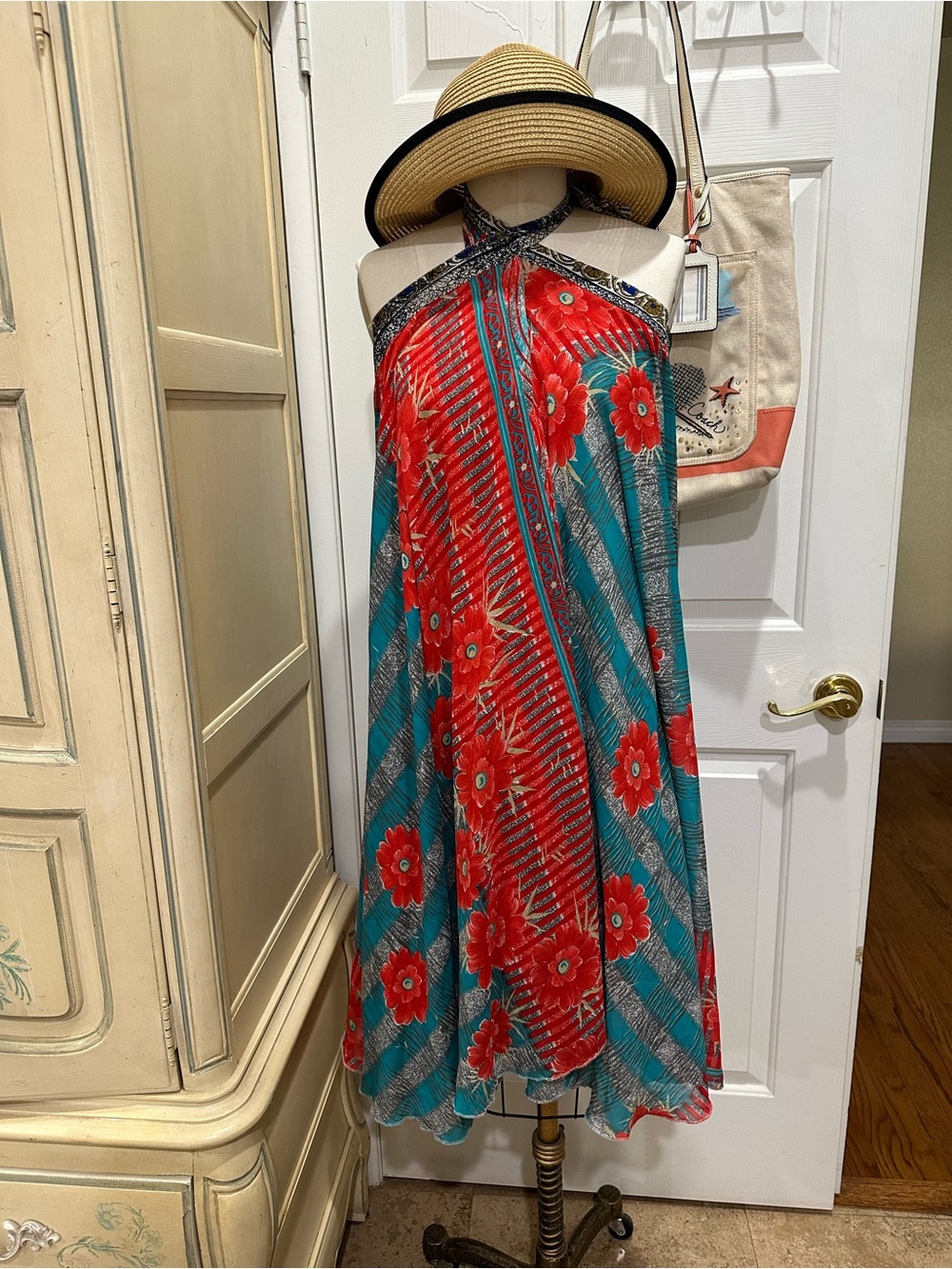 Kori Teal & Red Floral Halter Dress